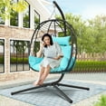thumbnail image 2 of PAPROOS 2PCS Wicker Egg Chair, Indoor Outdoor Swing Chair with Stand and Removable Cushion, All-Weather Rattan Hanging Basket Chair Hammock Chair for Patio Balcony Porch Garden, Blue, 2 of 11