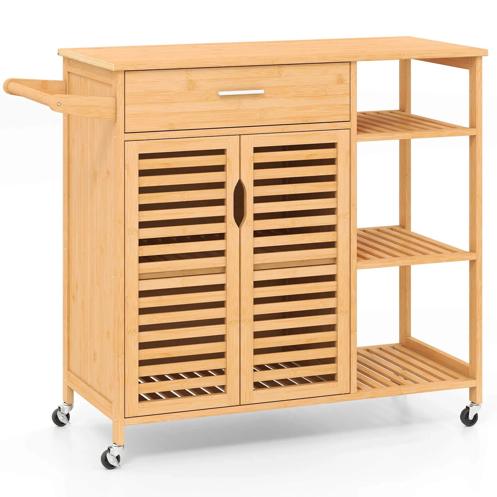 Harmijoy 35.5" Kitchen Island Cart, Bamboo Rolling Storage Sideboard w/ Lockable Wheels, Open Shelves, Towel Bar & 2-Door Cabinet