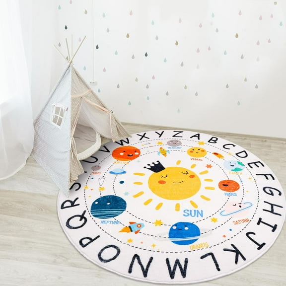 ABC Kids Rug,4 ft Washable Nursery Rug,Soft Plush Educational Circle Rug,Non-Slip Solar System Alphabet Rug for Classroom playroom Bedroom Kids Room Decor