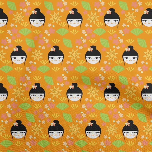 oneOone Rayon Mustard Yellow Fabric Asian Japanese Fan Sewing Material Print Fabric By The Yard 56 Inch Wide