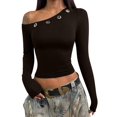 thumbnail image 2 of Women Long Sleeve Shirts Rib Knit Slim Fit Tops Off-Shoulder Tee Fall Outfits Casual T-Shirt Layer Clothes Brown M, 2 of 9
