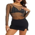 thumbnail image 3 of Hauts d'Été en Maille Transparente pour Femmes Manches Longues Col Strass Ajusté Crop Tops, 3 of 7