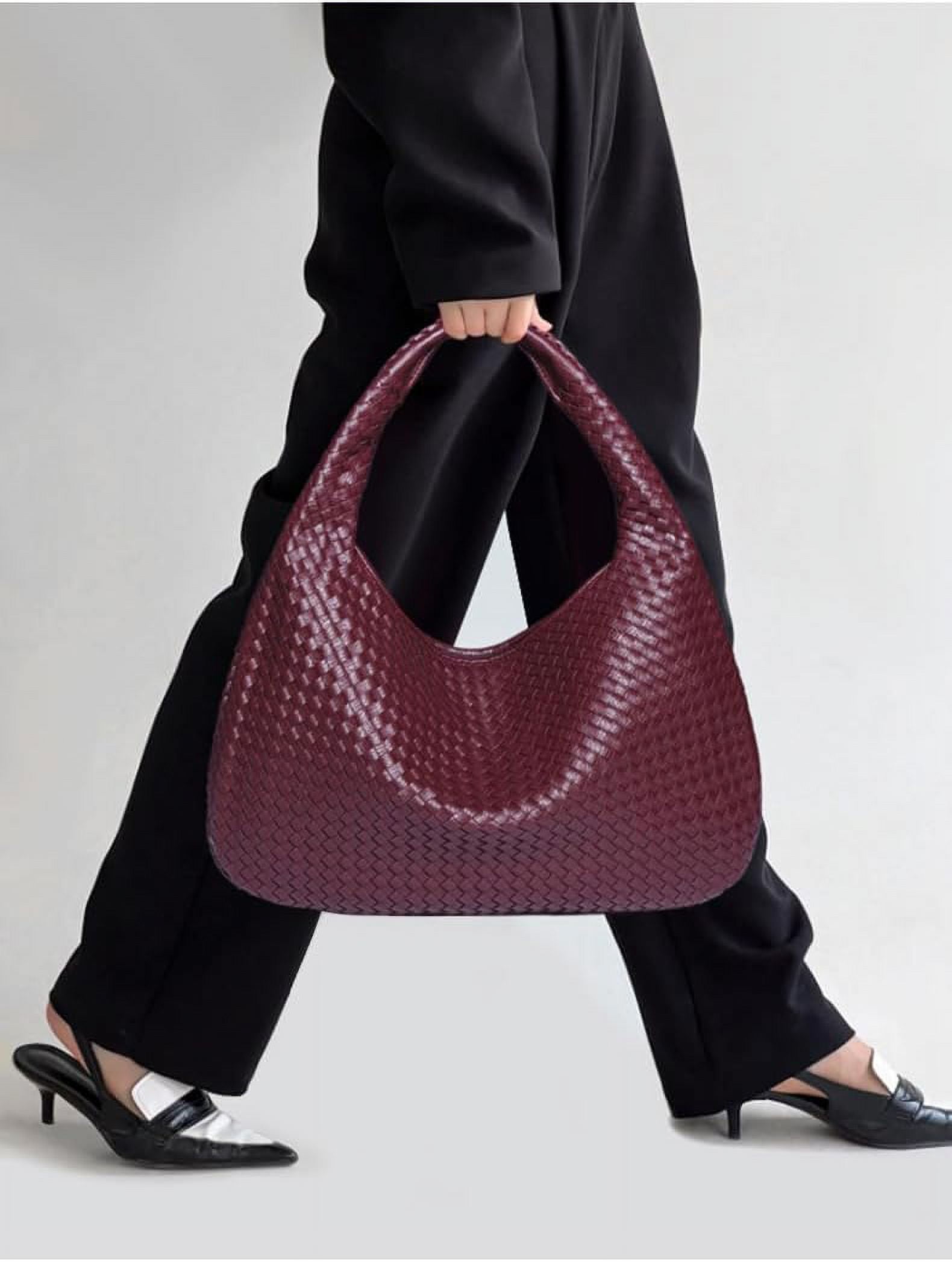 SikaFu Women Woven Vegan Leather Handbag Retro Top-handle Shoulder Bag Handmade Tote Bag Dumpling Purse Hobo Bag