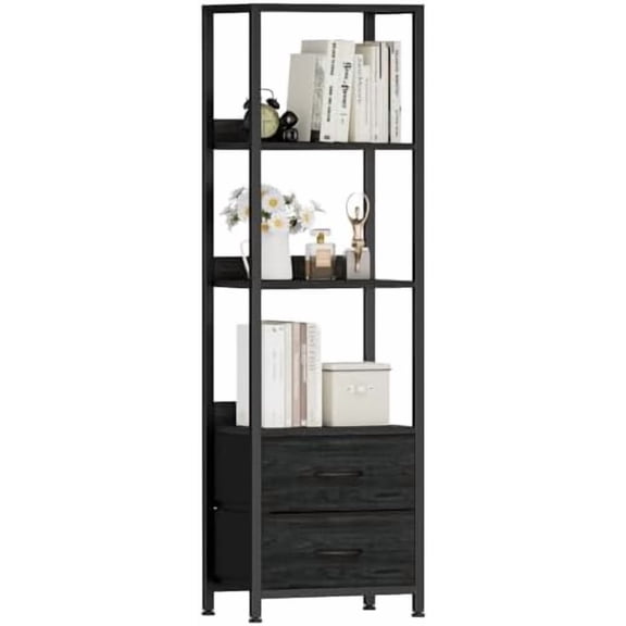 4 Tier Corner Shelf,Black Narrow Bookshelf with 2 Storage Drawers