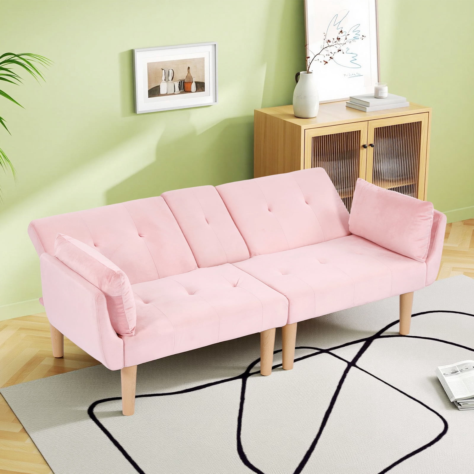 Leumius 72 Inch Futon Sofa Bed,Velvet Futon Couch with Adjustable Backrest and Cupholders,Suitable for Apartment,Living Room,Small Space,Pink
