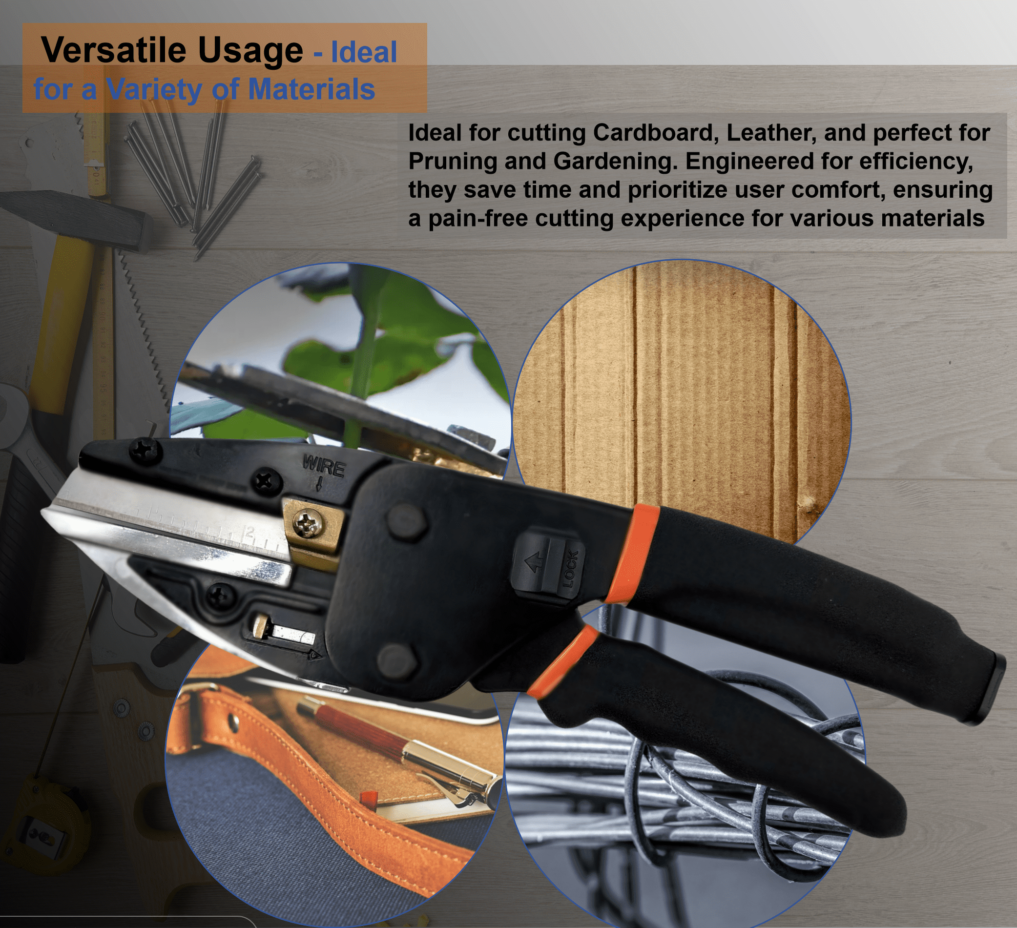 Multipurpose Heavy Duty Scissors All Purpose Utility Industrial Scissors Cutter with Safety Lock, Non-slip Handle, and Thread Trimming - Perfect for Soft Pipe, Fibre, Wood, Iron Wire, Box