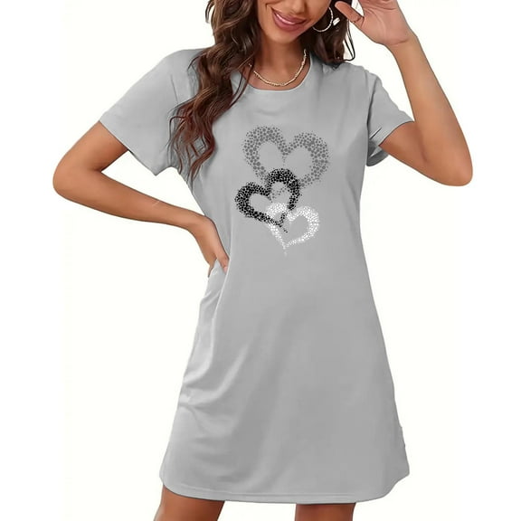 Blmnix Cotton Nightgowns Women Nightgown Valentine Sleepshirts Nightshirt Short Short Sleeve Gray Crew Neck Backless Nightgown,S