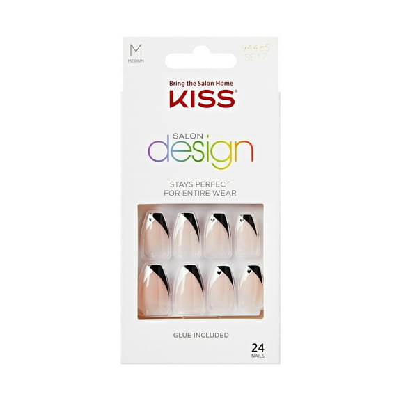 KISS Salon Design Press on Nails, Splendid, Black, Medium Coffin, 24 Count