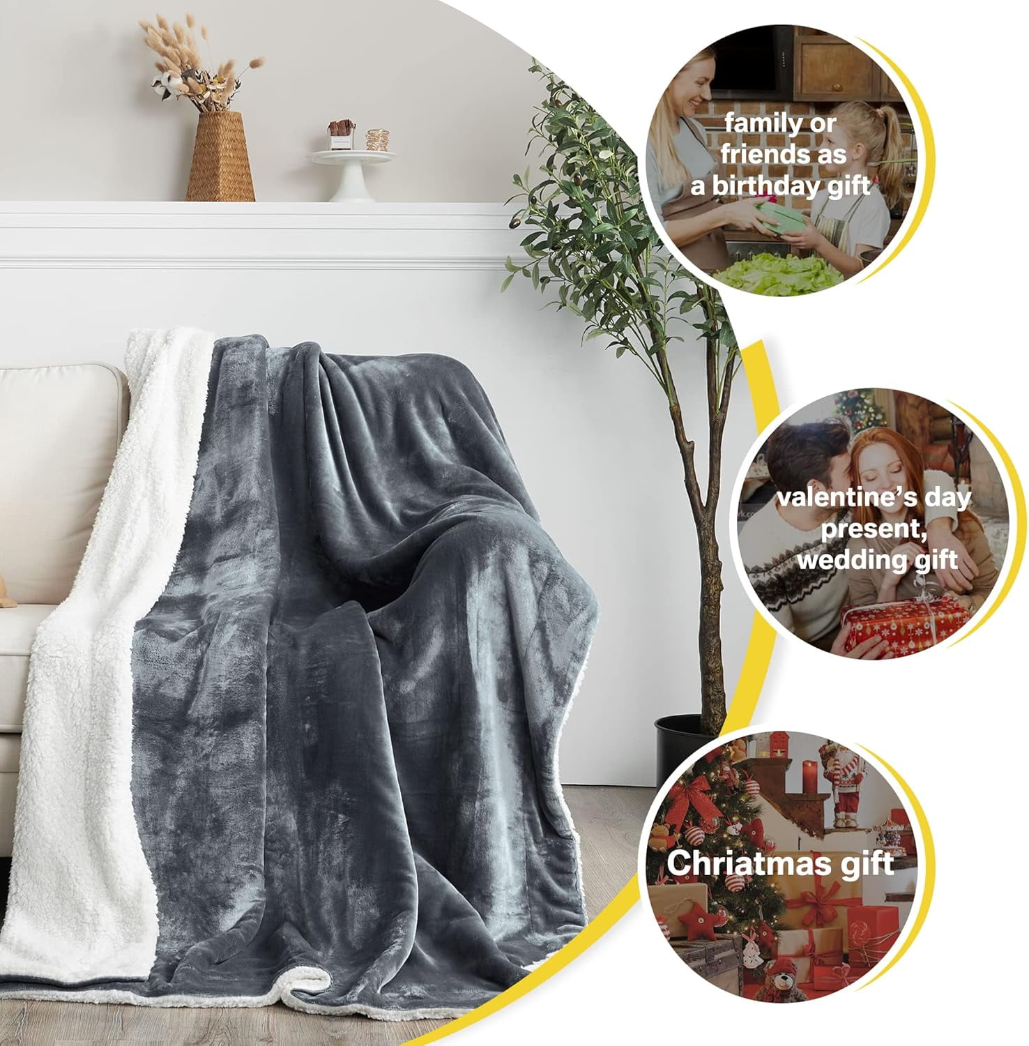 Fluffy Sherpa Fleece Blankets Twin Size for All Seasons, Grey Thick Fuzzy Warm Soft Fluffy Cozy Reversible Shaggy Velvet Plush Blanket for Sofa and Bed, 60 x 80 inches, Dark Grey
