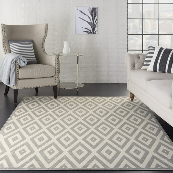 Nourison Grafix Geometric White/Grey 6' x 9' Area Rug, (6x9)