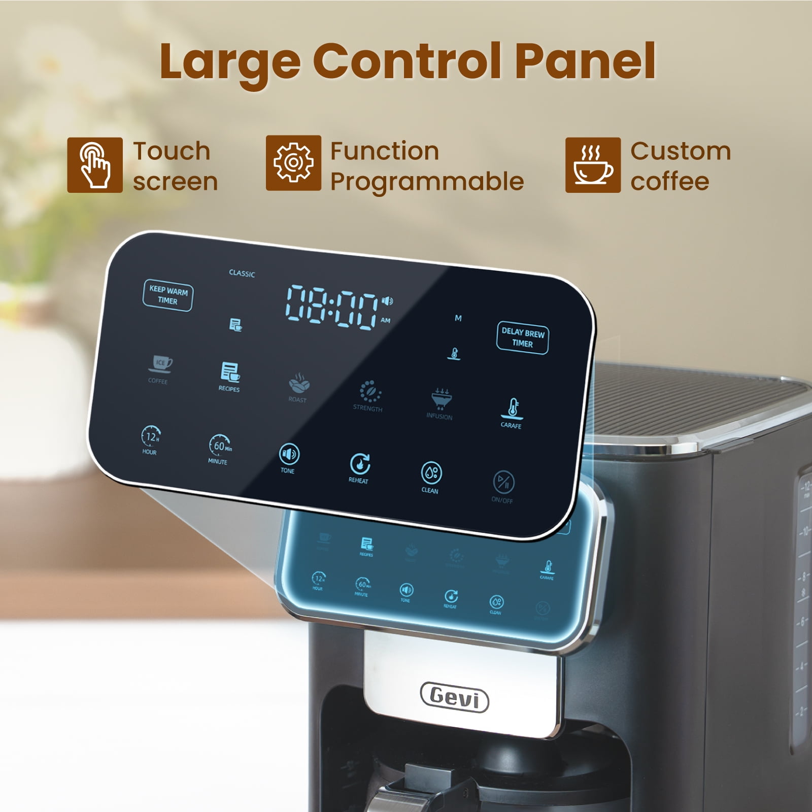 Gevi 12-Cup Programmable Drip Coffee Maker, Touch Screen Control, Auto Shut-Off, Iced Coffee Function, Anti-Drip System - Perfect for Home & Office