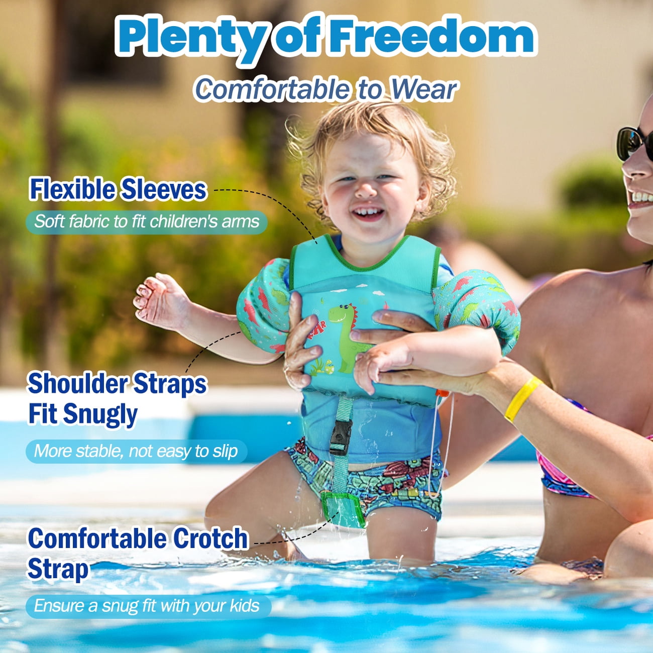 HeySplash Swim Vest For Kids,Arm Floaties with Adjustable Strap Fit 22-30 Lbs Kids,Pool Sea Swimming Aid,Green Dinosaur