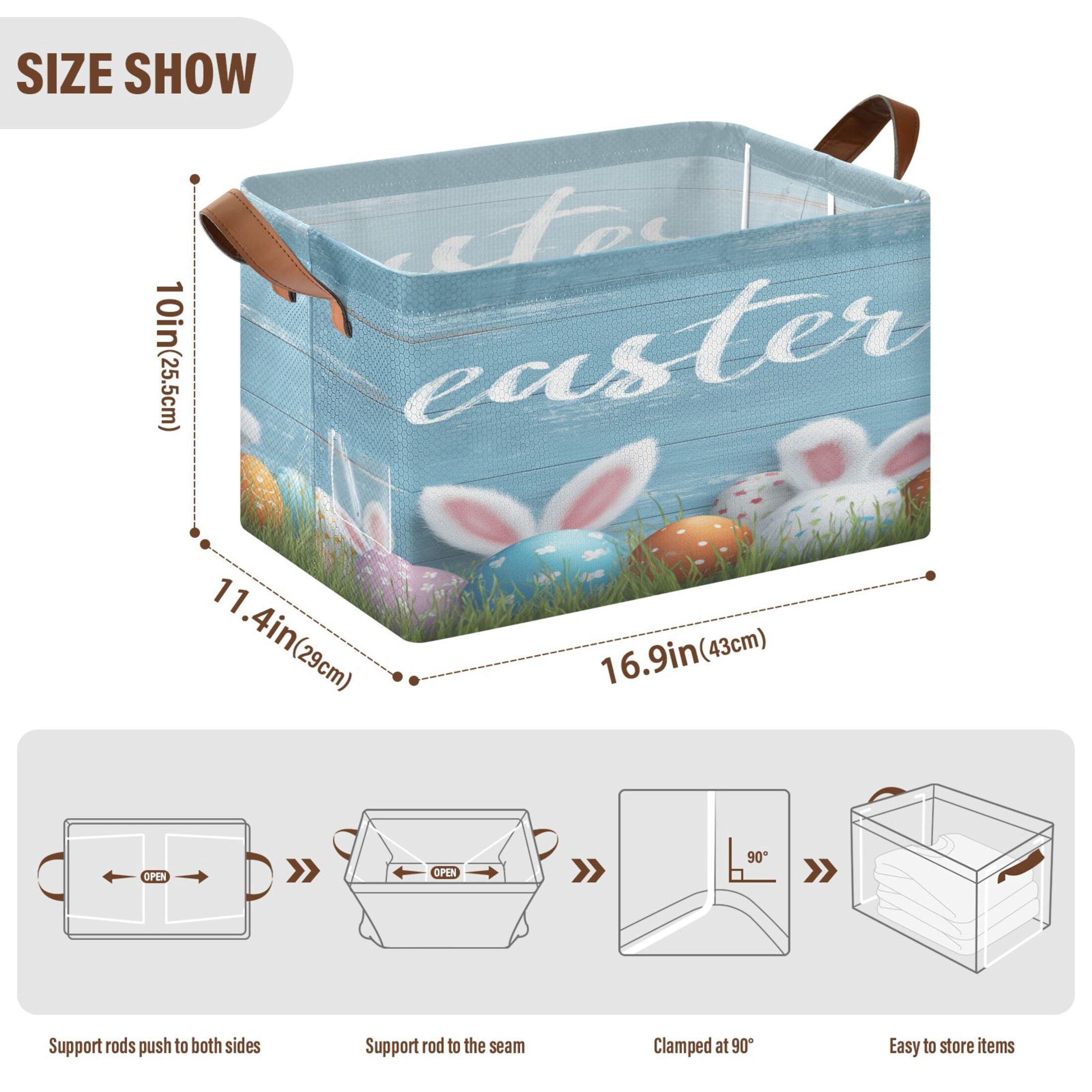 WobogoBunny Ear Easter Egg Storage Basket 16.9×11.4×10in Collapsible Oversized with Metal Iron Frame