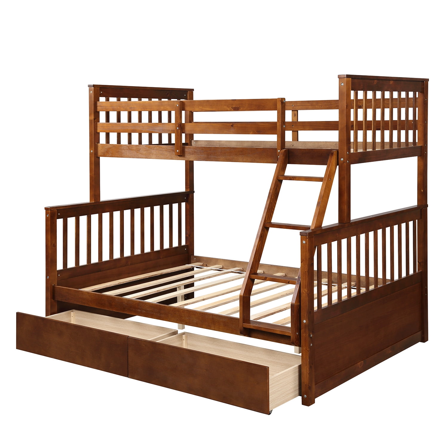 Kepooman Twin-Over-Full Modern Wooden Bunk Bed with Ladder & Two Drawers for Bedroom, 80”L X 57”W X 70.4”H, Walnut Kepooman Twin-Over-Full Modern Wooden Bunk Bed with Ladder & Two Drawers for Bedroom, 80”L X 57”W X 70.4”H, Walnut