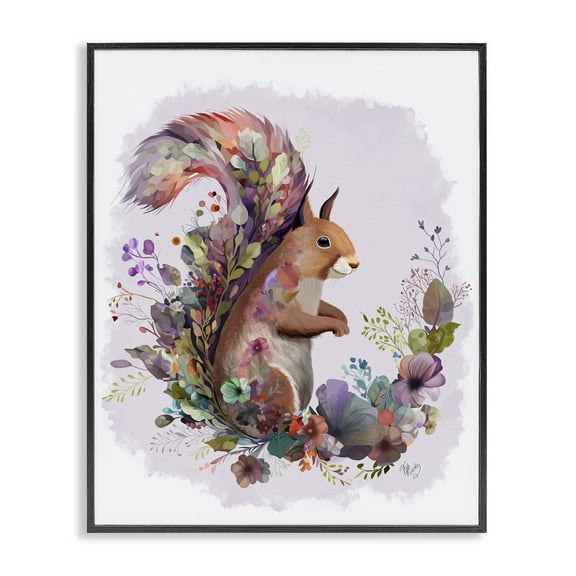 Stupell Industries Squirrel & Floral Garland Animals & Insects Painting Black Framed Art Print Wall Art, 11 x 14