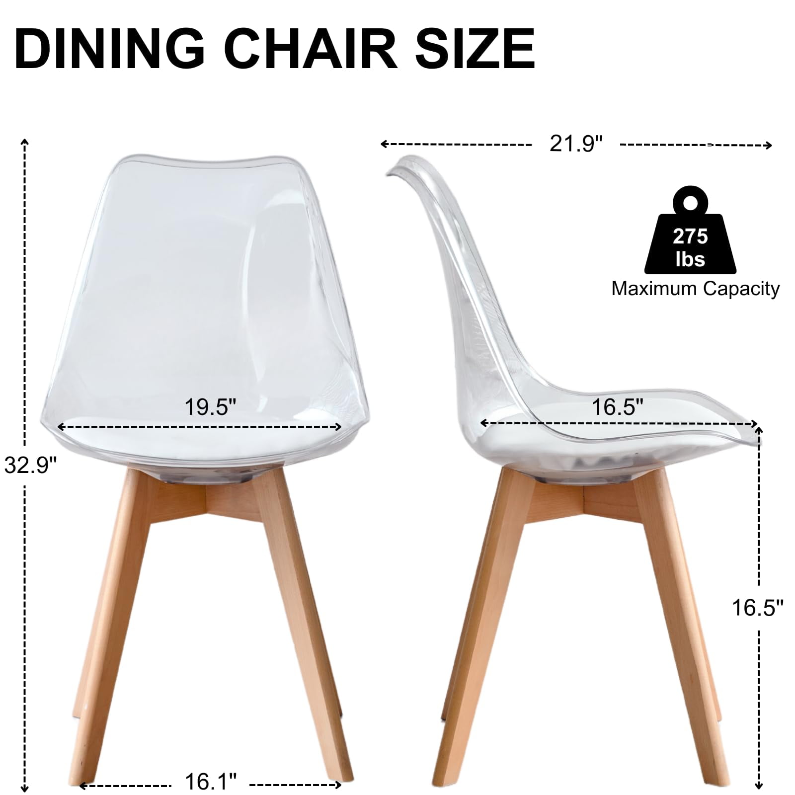 Dining Chairs Set of 2, Clear Acrylic Mid Century Modern Kitchen Chairs with Soft Padded and Wood Legs for Dinner, Living Waiting Room, Bedroom, Apartment, Transparent