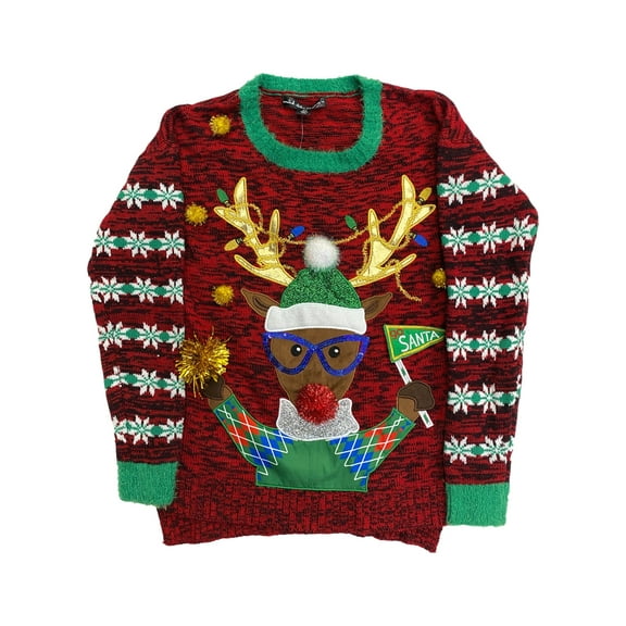 Womens Red Sequin Embellished Reindeer Go Santa Christmas Holiday Sweater Medium