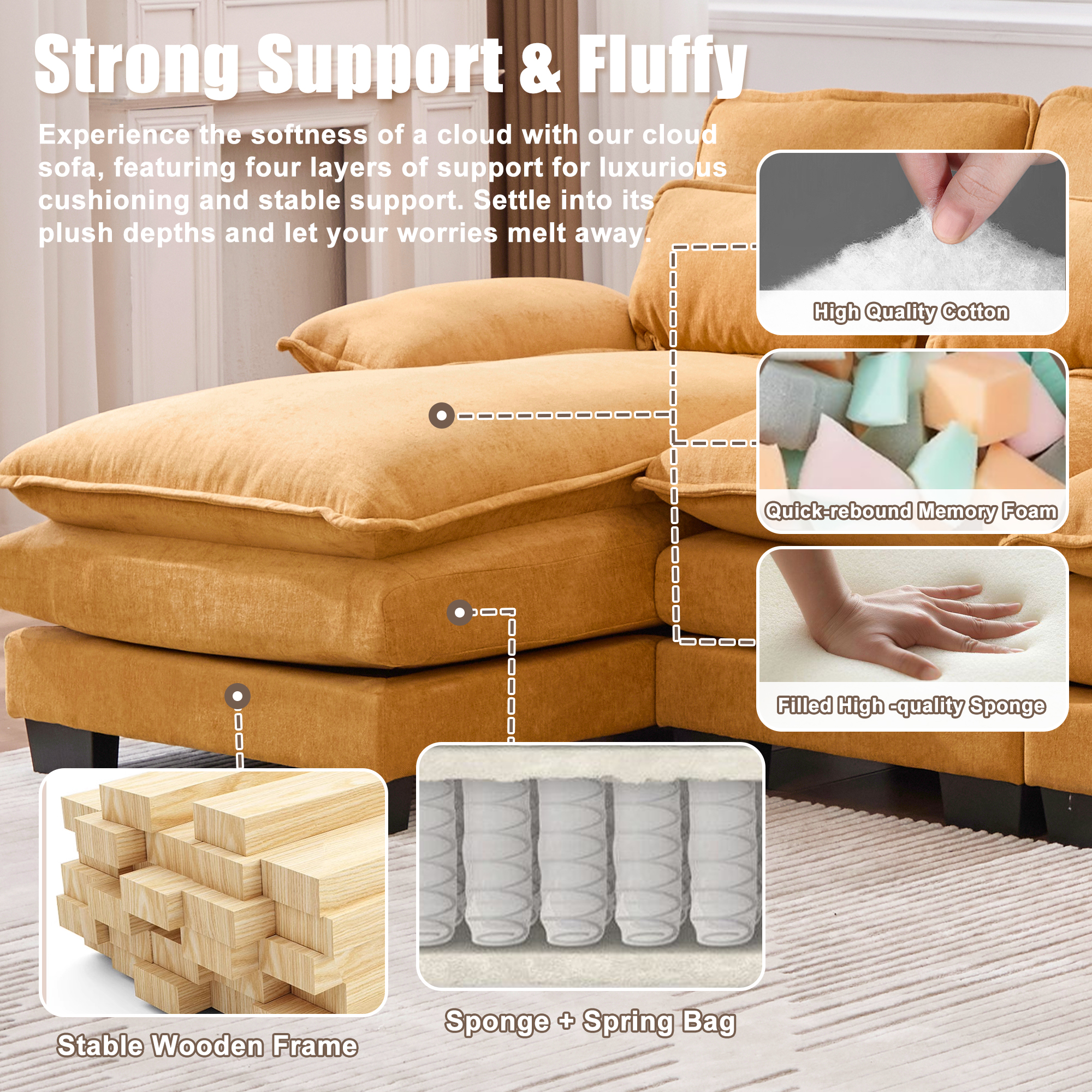 MOONMISS Chenille Upholstered U-Shaped Modular Wood Frame Sleeper Sectional Sofa with Double Chaise-Yellow