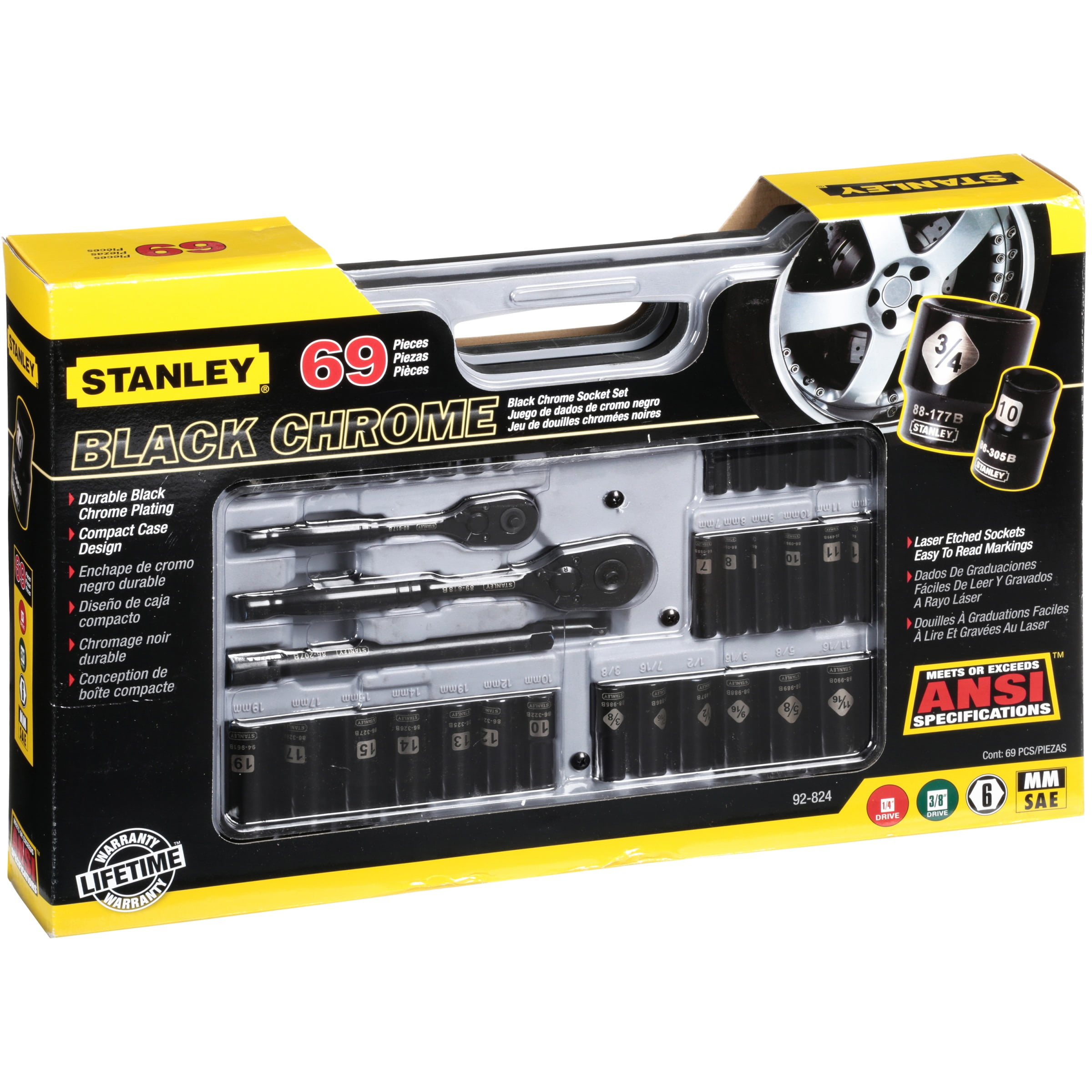 Stanley 92-824 69-Piece Socket Mechanics Tool Set Black Chrome for sale online 