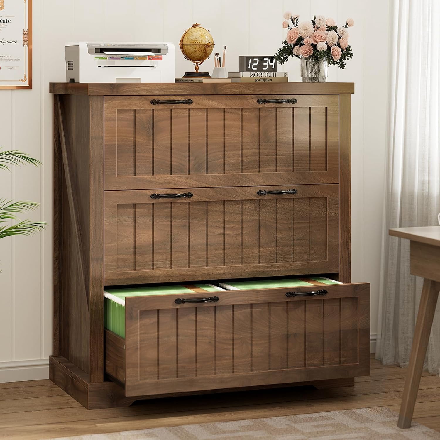 3 Drawer File Cabinet, Farmhouse Filing Cabinet Fits Letter/Legal/A4 Size, Wood File Cabinet with Printer Stand for Home Office, Retro Style for Living Room, Brown