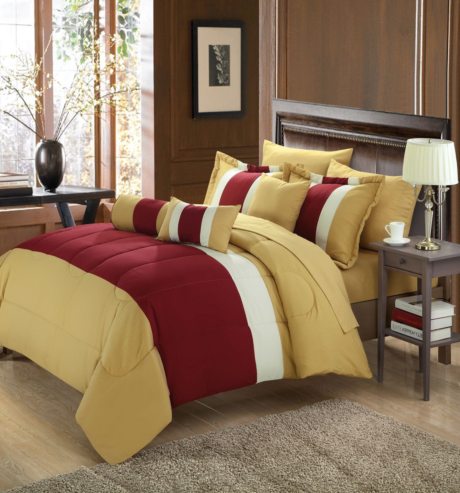 Serenity Burgundy Yellow  10 Piece Comforter  Bed  In A Bag 