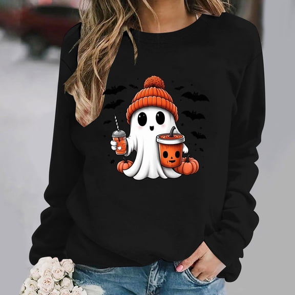 DIOAZUD Halloween Sweatshirts Women Spooky Ghost Print Pullovers Soft Holiday Crewneck Long Sleeve Sweater Tops Halloween Costumes Black S-XXL