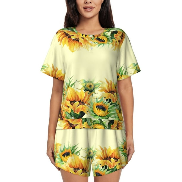 Balery Sunflowers On A Yellow Background Conjunto de Pijama para Mujer con Estampado, Dos Piezas de Manga Corta y Shorts, Ropa de Dormir Suave con Cuello Redondo y Bolsillos-Large