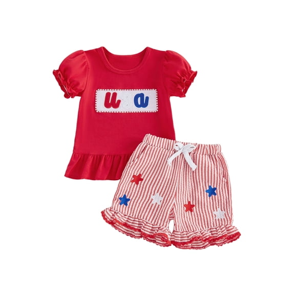 Loicainy Baby Toddler Girl 4th of July Outfits 6 12 18 24 Months 2T 3T 4T Short Sleeve Letter Embroidery Ruffle Tops and Shorts Set Summer Clothes