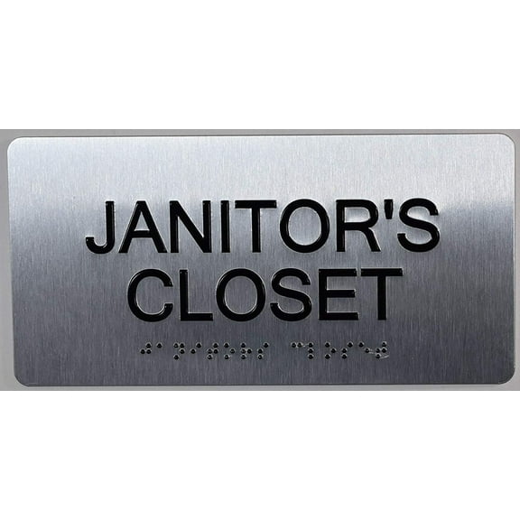 Janitors Closet Sign Silver-Tactile Touch Braille Sign (Aluminium !!, Brush Silver,Size 4x8)- The Sensation line(ref-2022-4)