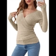 thumbnail image 3 of Camisas de Larga para Mujer, Cuello en V, Punto Acanalado, Corte Ajustado, Suéter con Botones, Blusa Informal de Trabajo para Otoño. Albaricoque XXL, 3 of 10