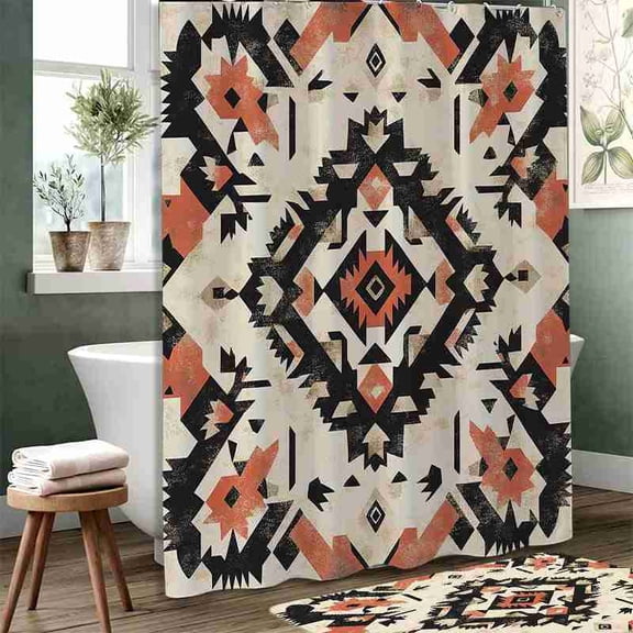 70x70 inch Geometric Aztec Shower Curtain, Black and Rust Tribal Pattern, Waterproof Polyester Fabric with Hooks for Bathroom Decor