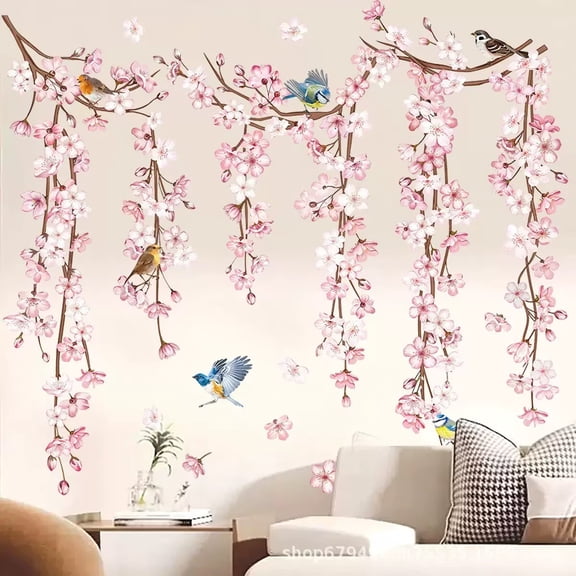 Cherry Blossom Flower Vine Wall Stickers Pink Hanging Floral Tree Branch Birds Peel and Stick Wall Art Decals for Bedroom Living Room