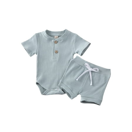

Xiaoluokaixin Newborn Baby Short Sleeve Ribbed Knit Romper+Drawstring Shorts