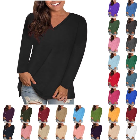 Sawvnm Women's Fashion V-Neck Solid Loose Long Sleeve T-shirt Pullover Tops Womens Plus Size Black(V-Neck) XL