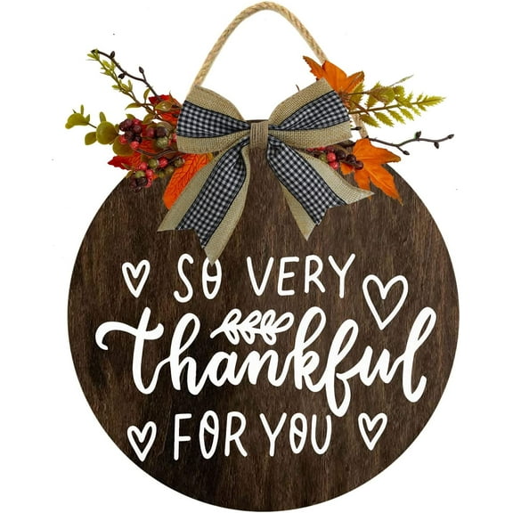 Eveokoki 12" So Very Thanksful For You Wood Sign Hanging Front Door Sign Fall Wooden Wall Art Sign Hanging Hello Fall Porch Sign Rustic Wood Decor for Thanksgiving Day Autumn Party Decor