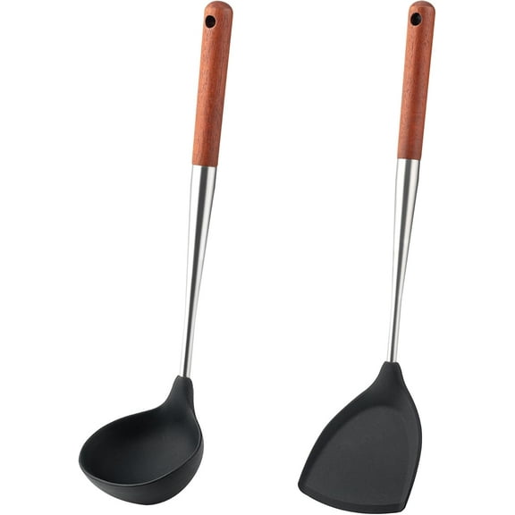 FJNATINH Silicone Spatula and Ladle Set - Stainless Steel Non Stick Heat-Resistant Kitchen Utensils BPA Free Cooking Utensils Cookware Wooden Handle, Pack of 2