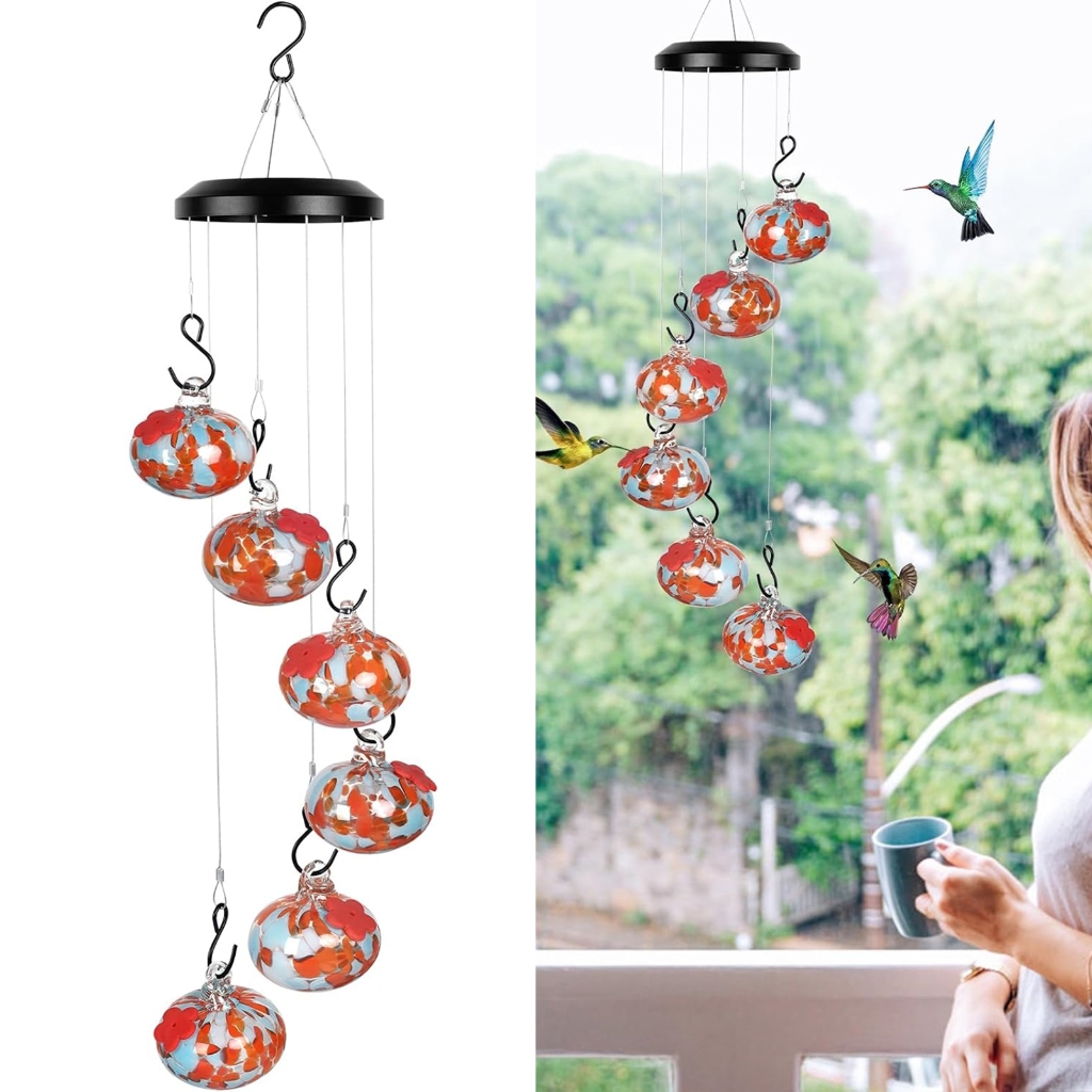 Outdoor Bird Feeder Wind Chimes Hummingbird Feeders with 6 Feeding Ports Easy Cleaning Garden Garden Yard Redness Color