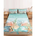 thumbnail image 2 of Twin Sze Fitted Sheet Set - Coastal Beach 2 Piece Bedding Sets 16" Deep Pocket Fitted Sheet with 1 Pillowcase, Ocean Wave Summer Sea Starfish Coral Teal Beige Brushed Microfiber Hotel Bed Sheets, 2 of 9