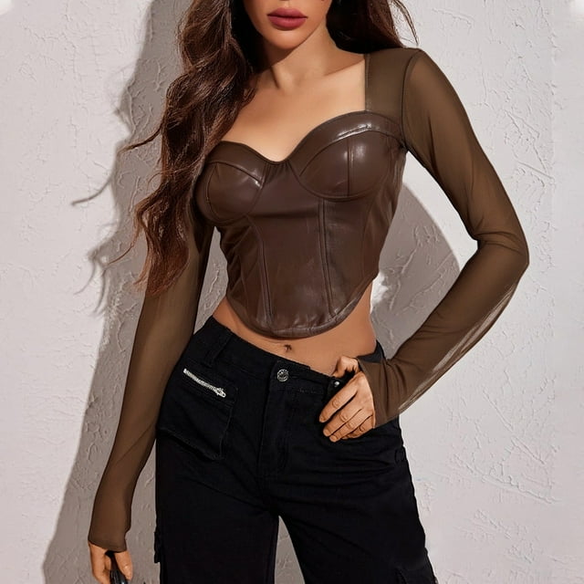 MHFRRA Camiseta Corta Sexy de Manga Larga para Mujer, Cuello Cuadrado, Malla, Espalda descubierta, Ajustada, con Ribete de Cuero, Elegante y Elegante, Informal. Café