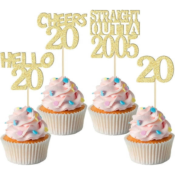 12pcs 20th Cupcake Toppers Glitter Twenty Straight Outta 2005 Cupcake Picks Cheers to 20 Years Birthday Cake Decorations for Happy 20th Birthday Anniversary Party Supplies Gold