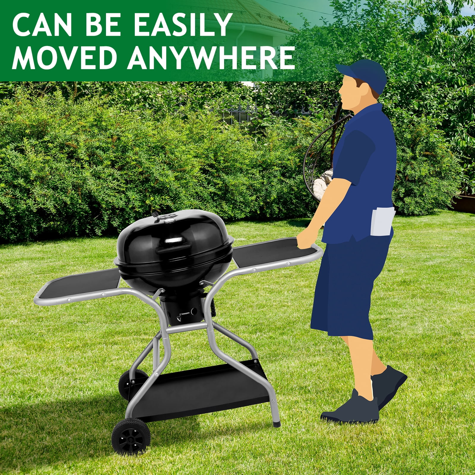 Kettle Charcoal Grill with 2 Side Tables, Storage Shelf, Upgraded Ash Catcher, Thermometer, Air Vents, Outdoor Cooking Barbecue Grill with Wheels