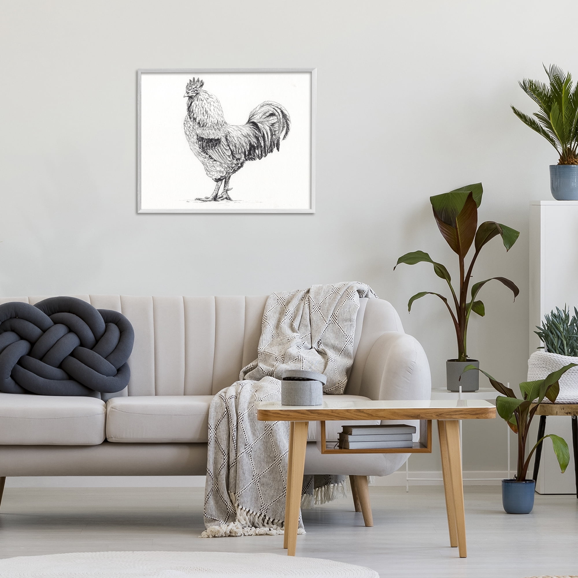 Stupell Industries Rooster in Charcoal White Framed Giclee Art, design by Leah Noel Art