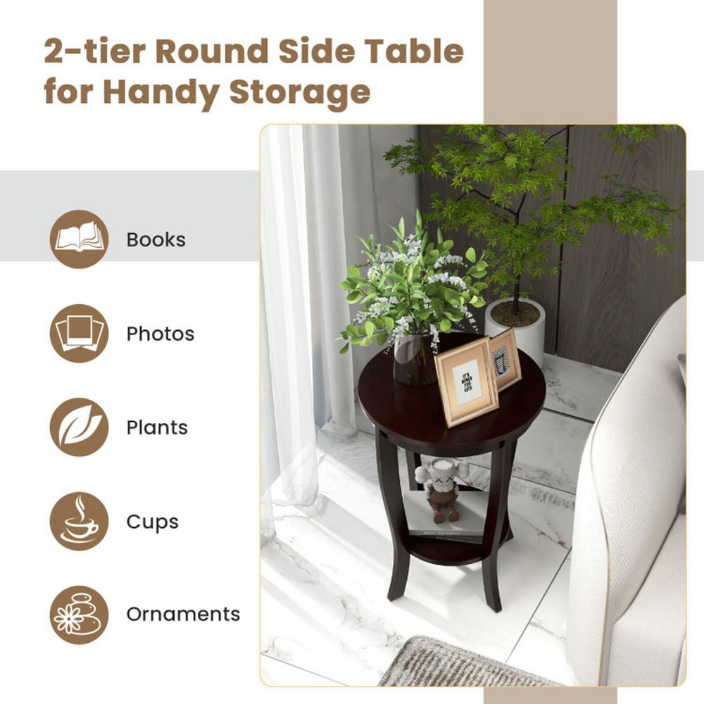 Finihen End Table, Round End Table, 2-tier Round End Table with Solid Wood Legs, Sofa Side Table, Bed Side Table, for Living Room, Bedroom, Espresso Finihen End Table, Round End Table, 2-tier Round End Table with Solid Wood Legs, Sofa Side Table, Bed Side Table, for Living Room, Bedroom, Espresso
