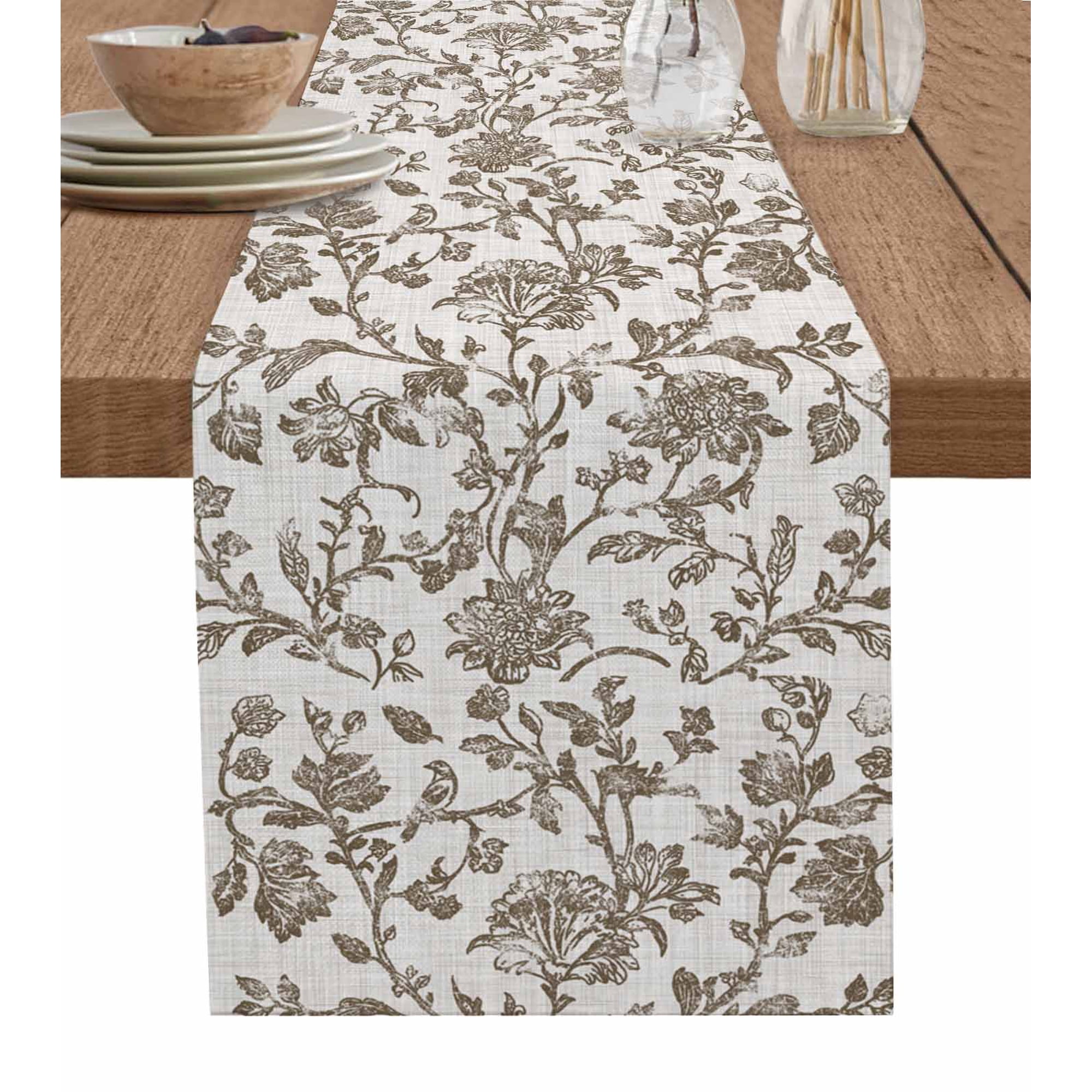 Table Runner 90 Inches Long for Kitchen Dining, Farmhouse Brown Dresser Scarf Farmhouse, Dining Table Decorations for Wedding/Parties, Vintage Flower Leaf Botanical Plant 13 x 90 In