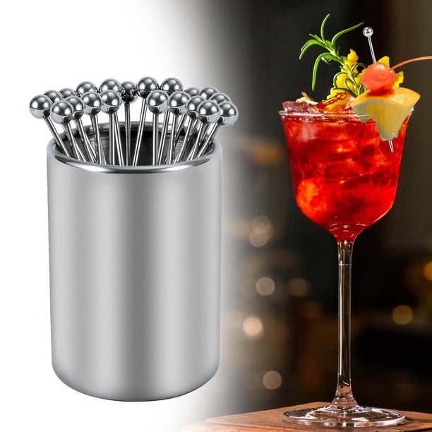 Palillos de cóctel con soporte, suministro para fiestas, tenedor de fruta, acero inoxidable portátil 20 palillo de dientes