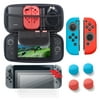 Nintendo Switch 6 items Starter Kit, by Insten Carrying Case EVA Hard Shell Cover + 3-pack LCD Guard + Joy-Con Controller Skin [Left BLUE/Right RED] + Joy-Con Thumb Grip Stick Caps for Nintendo Switch