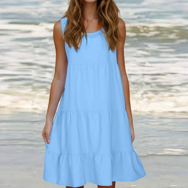 fartey Robe Décontractée pour Femmes Été Unie Col Rond à Étages Ample Robe Débardeur Sans Manches Ligne A Confortable Midi Robe de Plage