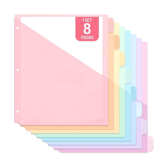 XWYUO 8 Count Dividers, 8 tab Binder Dividers | Binder Organizer, Binder Divider with Tabs for 3 Ring Binder for School Office and Home Organization, Multicolor, 1 Set,Multicolor,Single Pocket