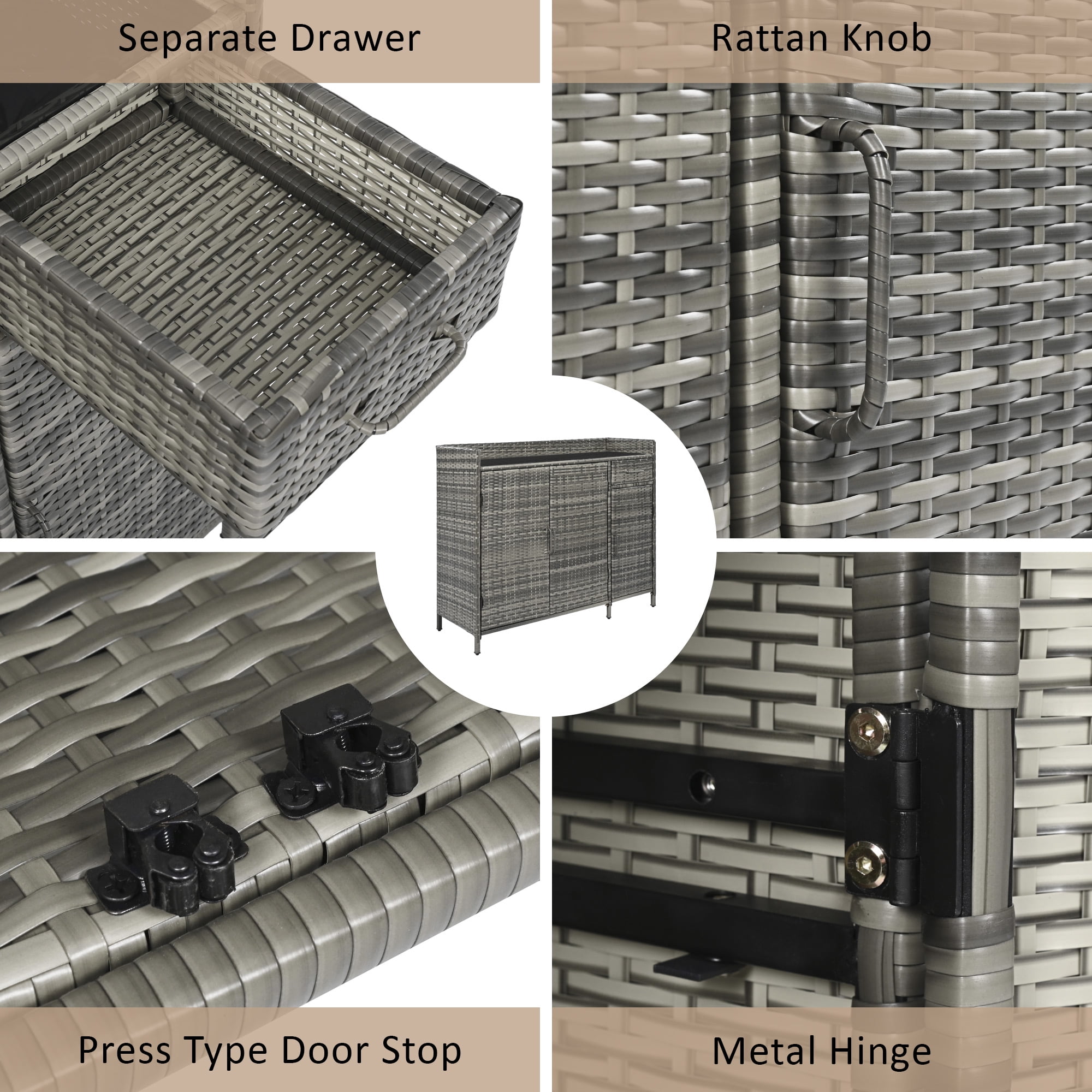 Outdoor Storage Cabinet 47.5 Inch W, Wicker Frame with Tempered Glass Desktop for Patio, Grey