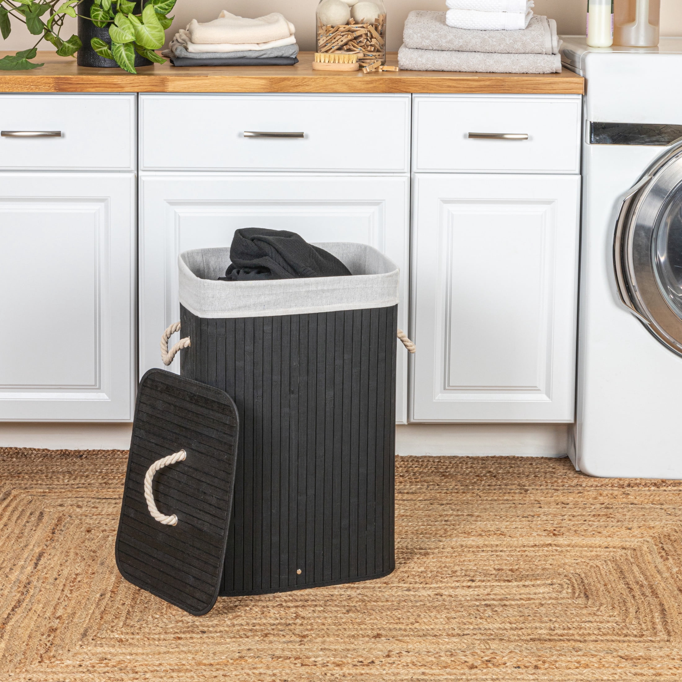Household Essentials Bamboo Laundry Hamper with Rope Handles, Lid and Removable Machine Washable Laundry Bag, 19-Gallons, Black